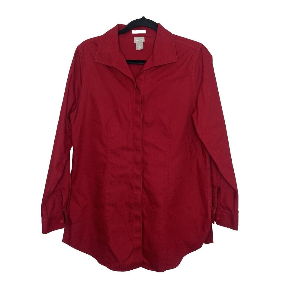 Chicos Shirt Women's 0 Small Red Leopard Print Button Up MobWives No Iron Work